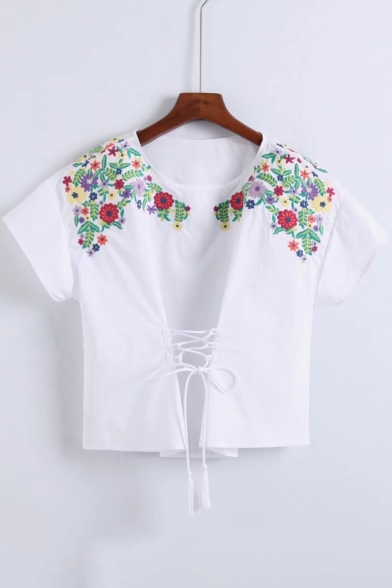 New Fashion Lace-Up Floral Embroidered Round Neck Short Sleeve Pullover Blouse