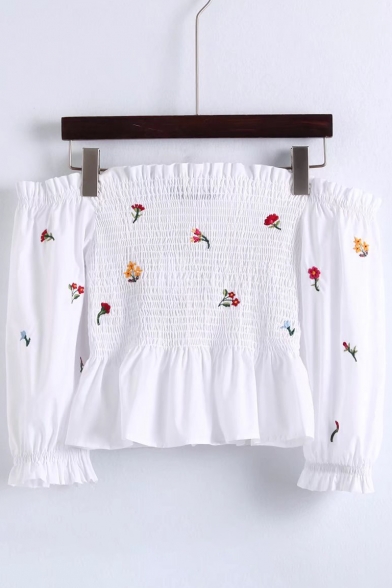 New Fashion Off The Shoulder Half Sleeve Floral Embroidered Cropped Blouse
