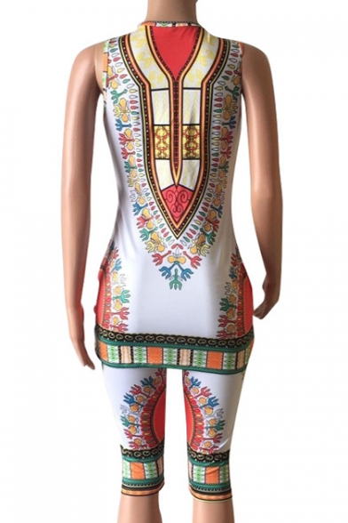 New Fashion Tribal Printed Round Neck Sleeveless Tank Top with Half Pants