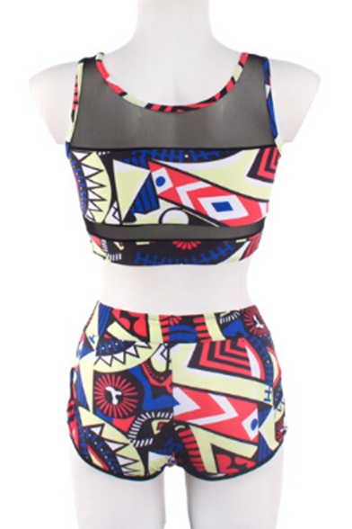 Sheer Mesh Inserted Round Neck Sleeveless Geometric Print Tankini Swimwear