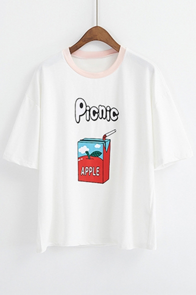 Casual Picnic Apple Juice Printed Short Sleeve Round Neck Graphic Tee