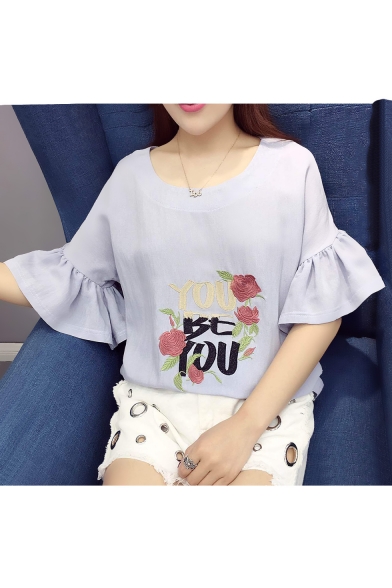 Chic Floral Letter Embroidered Round Neck Flared Sleeve Pullover Blouse