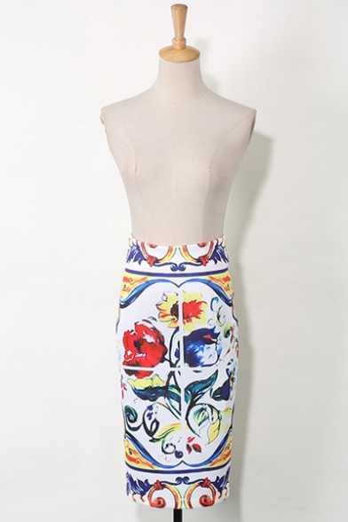 Chic Floral Totem Printed Midi Office Lady Pencil Skirt