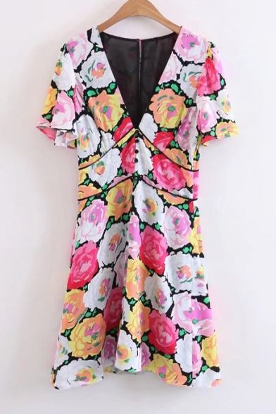 Colorful Floral Printed Plunge V-Neck Short Sleeve Mini A-Line Dress