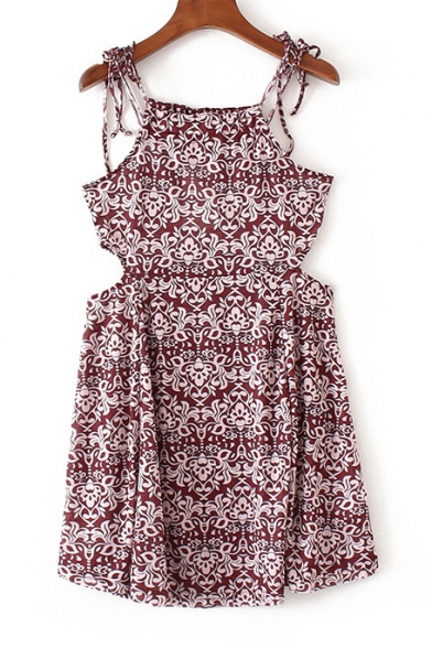 Fashion Cutout Waist Spaghetti Straps Sleeveless Floral Printed Mini Cami Dress