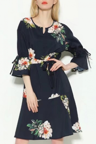 Fashion Floral Printed Round Neck Flared Sleeve Midi A-Line Dress