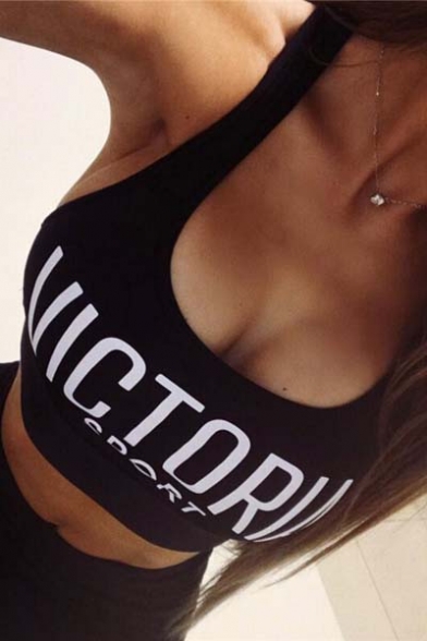 Fashion VICTORY SPORT Letter Printed Scoop Neck Sleeveless Cropped Tank