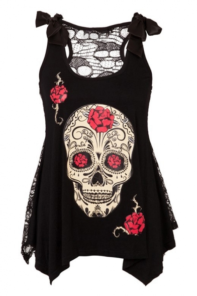 Floral Skull Printed Bow Tie Straps Sheer Mesh Patched  Asymmetrical T-Shirt