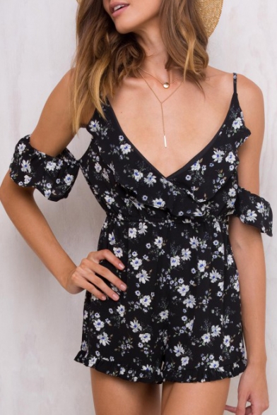 Hot Fashion Floral Pattern Cold Shoulder Spaghetti Straps Holiday Rompers