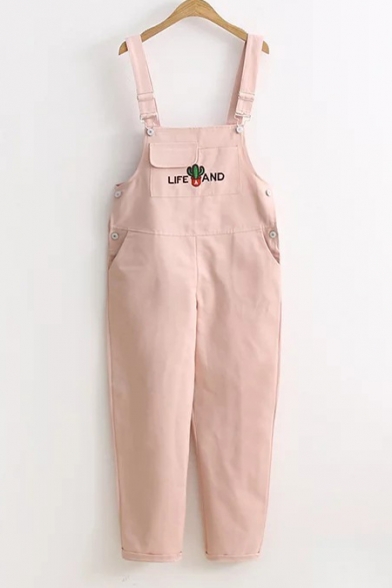 Letter Cactus Embroidered New Fashion Capri Overalls with Double Pockets