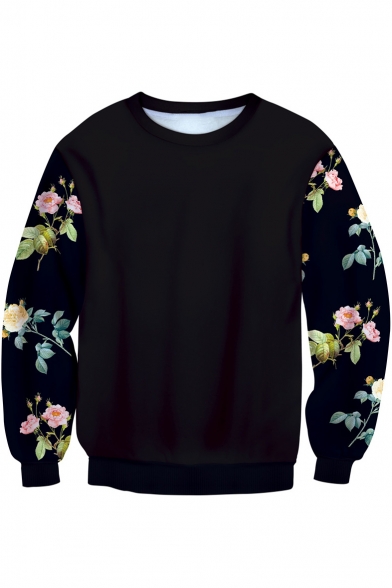 New Arrival Floral Printed Round Neck Long Sleeve Pullover Casual Sweatshirt