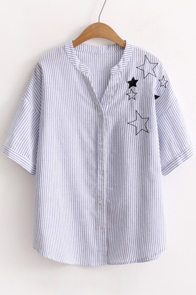 New Arrival V Neck Short Sleeve Striped Printed Buttons Down Shirt