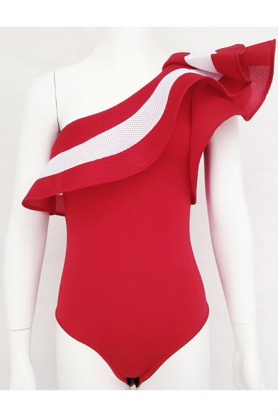 New Stylish Striped Ruffle Front One Shoulder Sleeveless Bodysuit