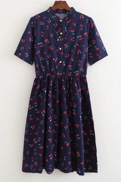Round Neck Short Sleeve Cherry Pattern Midi A-Line Dress
