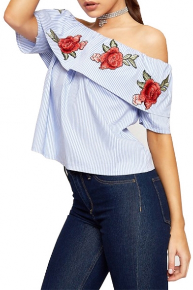 Sexy Boat Neck Short Sleeve Chic Floral Embroidered Striped Printed Blouse