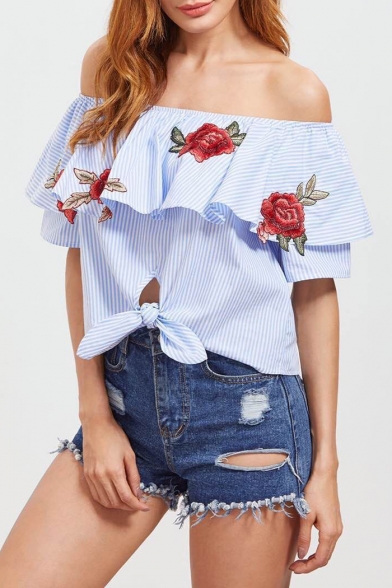 Sexy Women's Off the Shoulder Embroidery Floral Ruffle Front Striped Short Sleeve Blouse