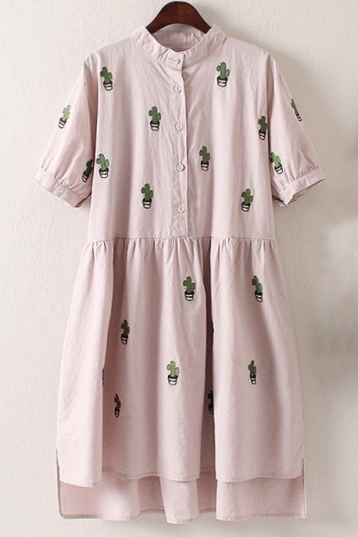 Summer's Cactus Printed Short Sleeve Oversize High Low Buttons Down Shirt Dress