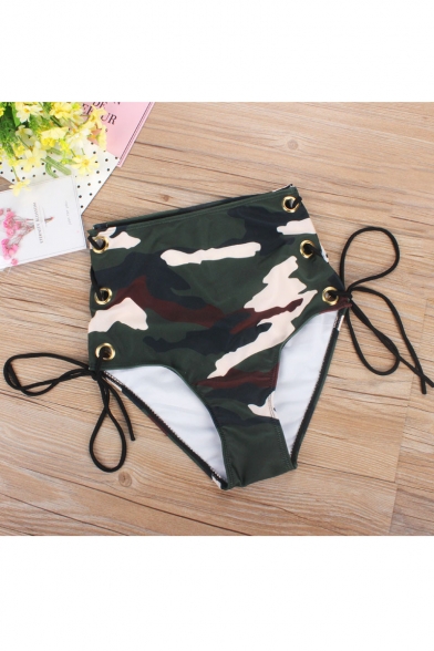Women's Camouflage Color Block Printed Halter Lace Up High Waist Swimwear Sets