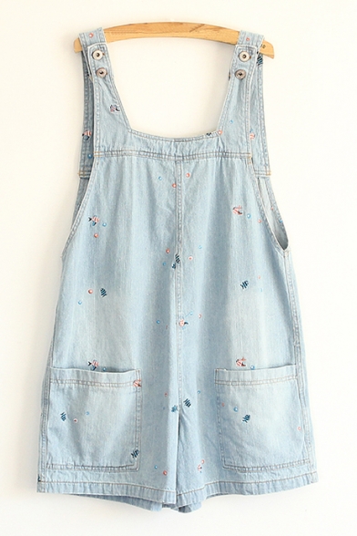 Cartoon Fish Embroidered Casual Leisure Denim Overalls with Double Pockets