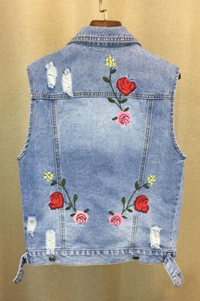 Chic Floral Embroidered Back Lapel Collar Sleeveless Ripped Denim Vest