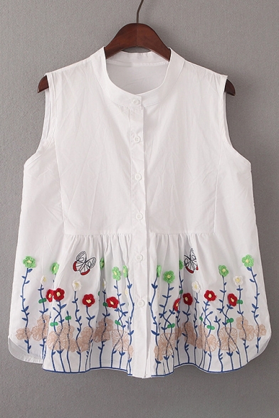 Chic Floral Embroidered Sleeveless Collarless Buttons Down Shirt