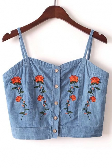 Chic Floral Embroidered Spaghetti Straps Buttons Down Denim Cami Top