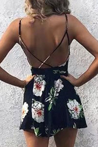 Chic Floral Pattern Spaghetti Straps Open Back Casual Leisure Rompers