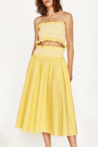 Classic Plaids Pattern Bandeau Cropped Top Chic A-Line Maxi Skirt Co-ords