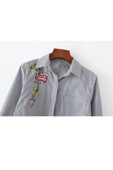 Classic Striped Printed Floral Embroidered Lapel Collar Long Sleeve High Low Shirt