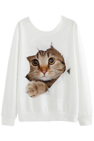 Cute Cartoon Cat Printed Round Neck Long Sleeve Pullover Sweatshirt