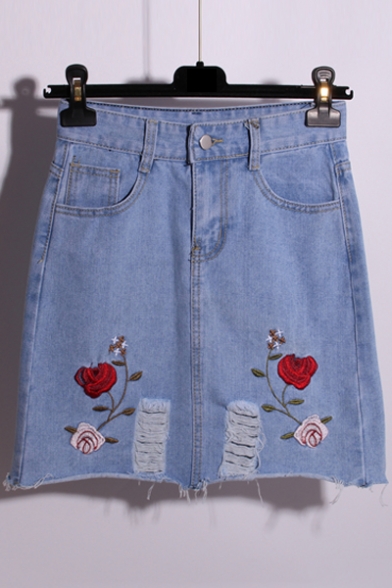 Fashion Two Pieces Embroidery Floral Short Sleeve Round Neck Tee with Denim Skirt
