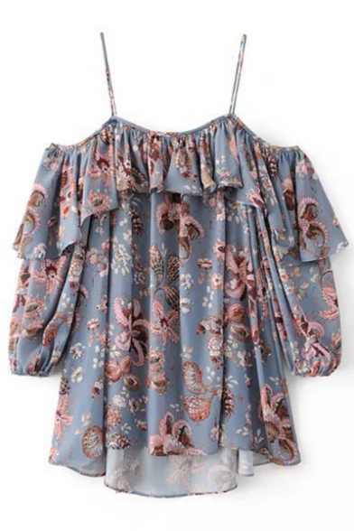 Floral Printed Cold Shoulder Spaghetti Straps Half Sleeve Pullover Blouse