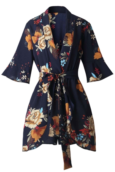 Hot Fashion Plunge Neck Half Sleeve Floral Printed Tie Waist Rompers