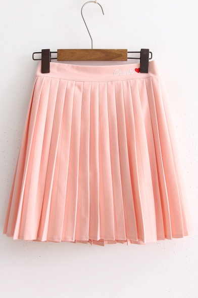 Letter Embroidered Elastic Waist Pleated Mini A-Line Skirt