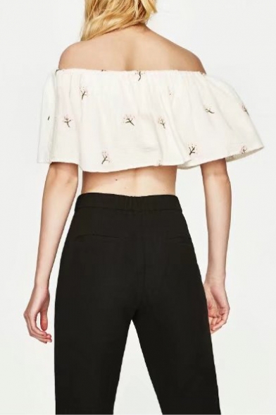 New Arrival Chic Embroidered Ruffle Hem Off The Shoulder Cropped Blouse