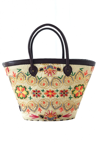New Arrival Summer's Fresh Floral Printed Beach Holiday Weave Shoulder Bag