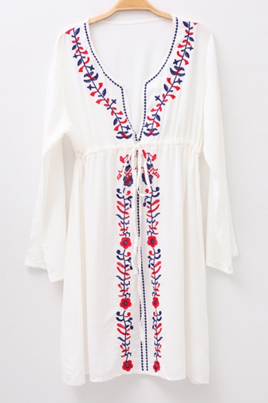 New Arrival Tribal Printed Floral Embroidered Plunge Neck Long Sleeve Cover Up Swimwear