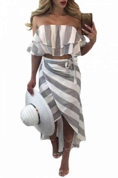 Sexy Off the Shoulder Short Sleeve Cropped Blouse with Asymmetric Wrap Skirt Striped Co-Ords