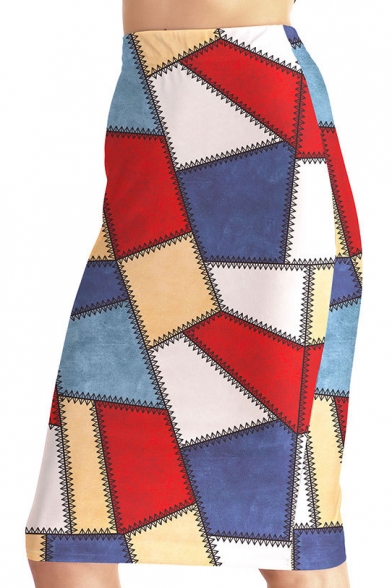 Women's Fashion Asymmetric Geometric Color Block Printed Midi Bodycon Skirt