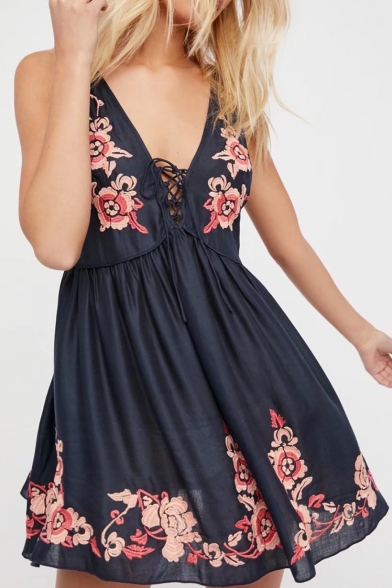 Women's Vintage Lace Up V-Neck Sleeveless Embroidery Floral Mini A-Line Dress