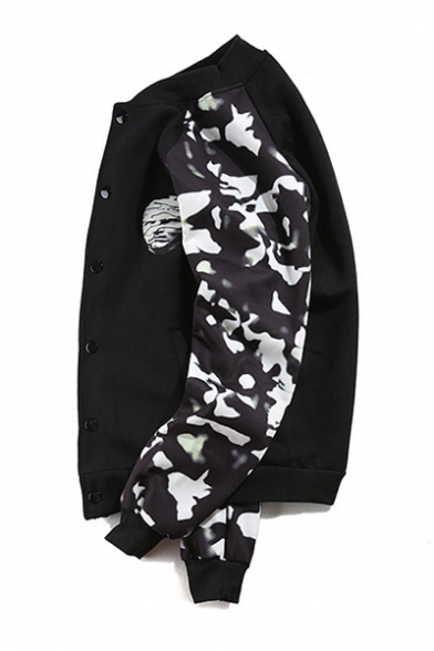 Camouflage Print Long Sleeve Stand Up Collar Buttons Down Sports Baseball Coat