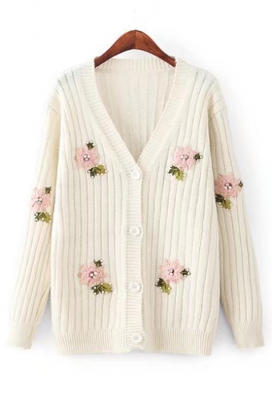 Chic Beaded Floral Embroidered V Neck Long Sleeve Buttons Down Knit Cardigan