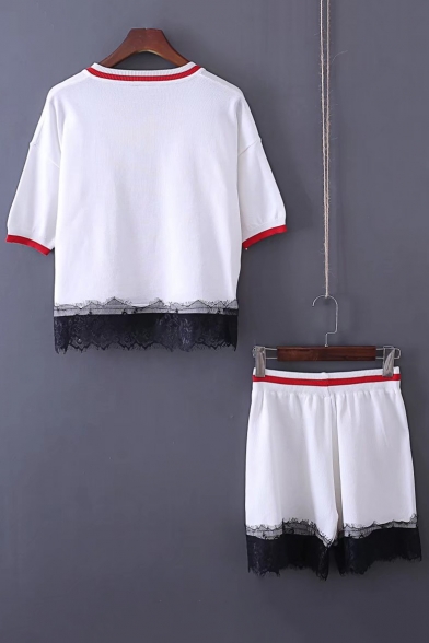 Chic Lace Inserted Trim Contrast V Neck Short Sleeve T-Shirt with Shorts