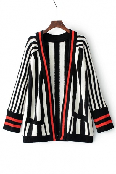 Color Block Striped Printed Open Front Long Sleeve Cardigan with Double Pockets