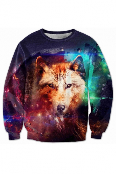 Galaxy Wolf Pattern Round Neck Casual Loose Pullover Unisex Sweatshirt