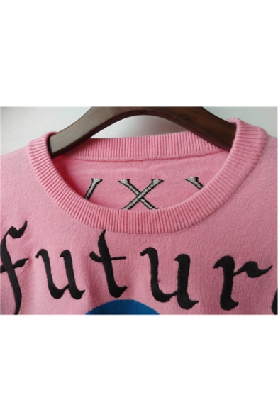 Geometry Letter Print Round Neck Long Sleeve Pullover Sweater
