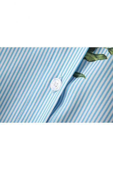 High Low Hem Floral Printed Lapel Collar Short Sleeve Buttons Down Shirt