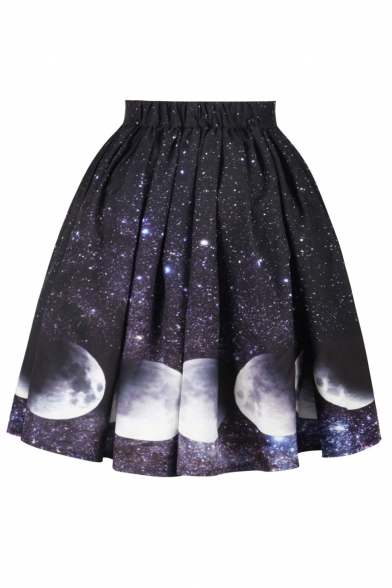 Hot Fashion Galaxy Moon Pattern Elastic Waist Midi Flared Skirt