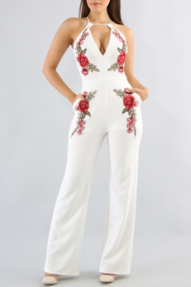 Hot Fashion Sleeveless Chic Floral Embroidered Plunge Neck Wide Legs Jumpsuits