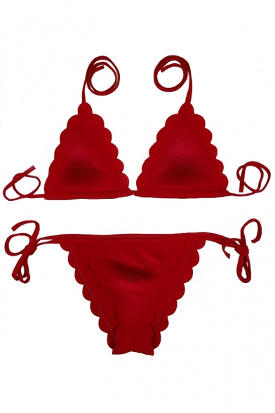 New Collection Fashion Plain Floral Trim Triangle Top String Bottom Bikini Swimwear